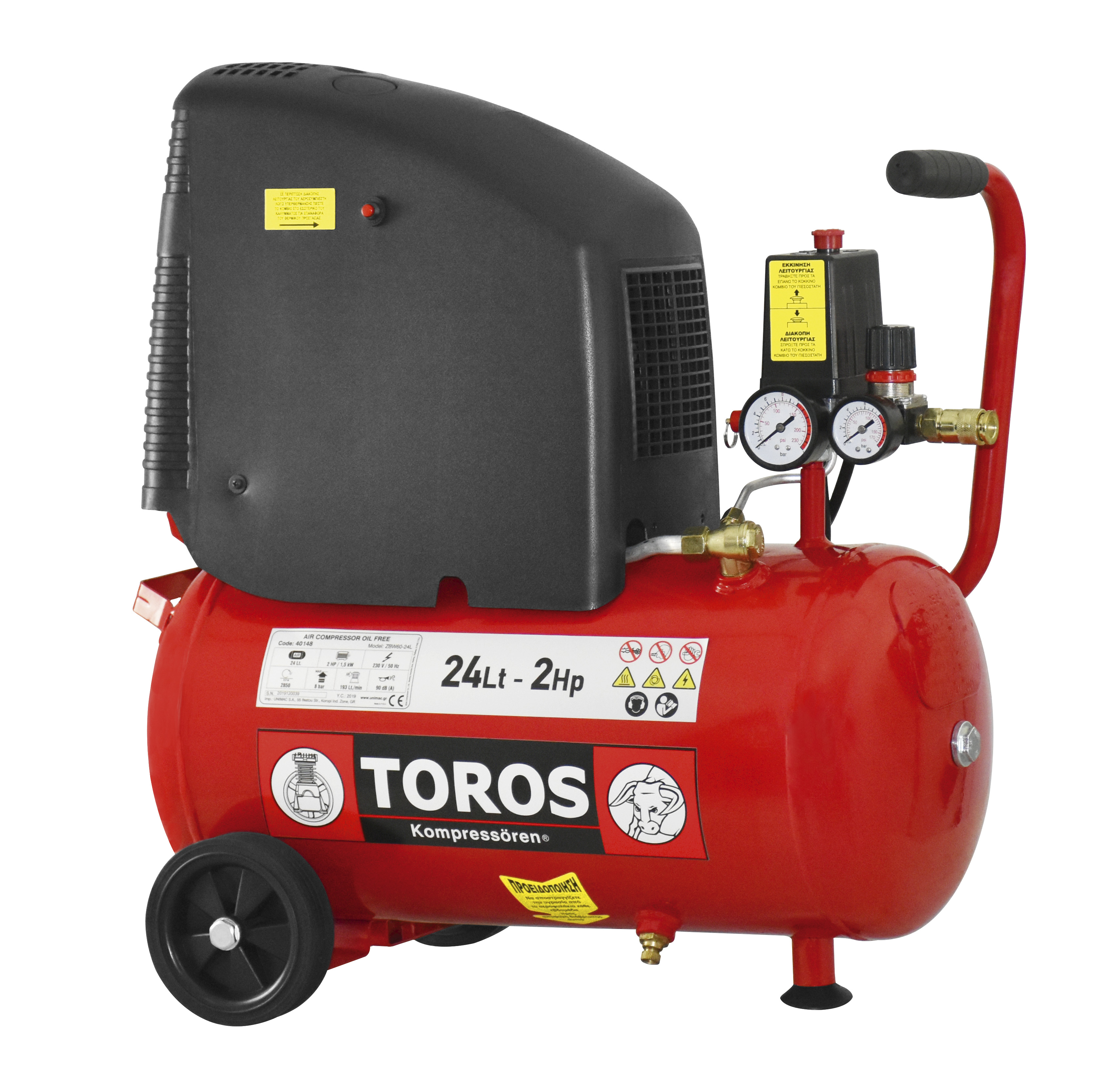 Trolley Single Block Aircompressor Oil-Free 24lt/2HP Toros