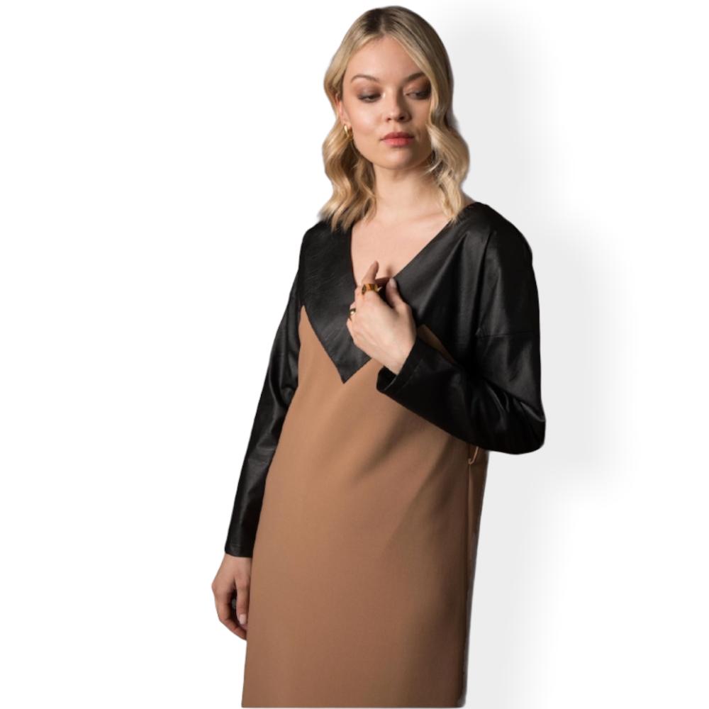 Eleria Cortes midi dress with eco-leather on the sleeve