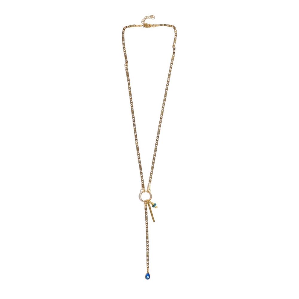 MELANTI women's long necklace with gold steel chain, stained glass eye and 24k gold-plated elements 