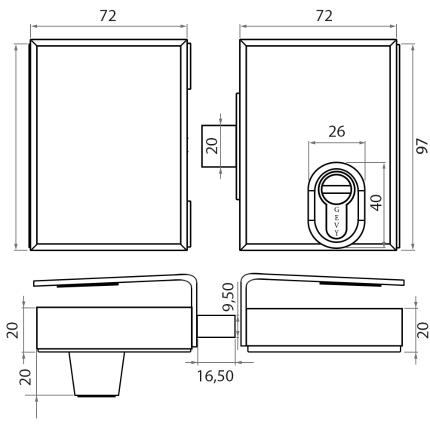 Κλειδαριά ασφαλείας γυάλινης πόρτας, με κύλινδρο & DEFENDER, πρόσθετη GEVY 118.057-2