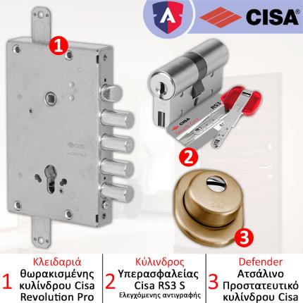 Κλειδαριά ασφαλείας θωρακισμένης CISA + Κύλινδρος ασφαλείας RS3 S + CISA Defender 06490-0