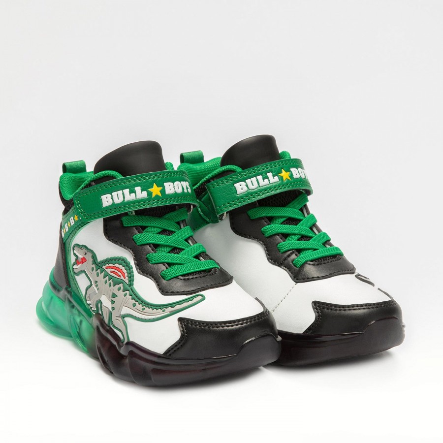 Μποτάκι Sneaker με φωτάκιια Σπινόσαυρος άσπρο πράσινο Bull Boys  DΝΑL3390 ΑΑ68