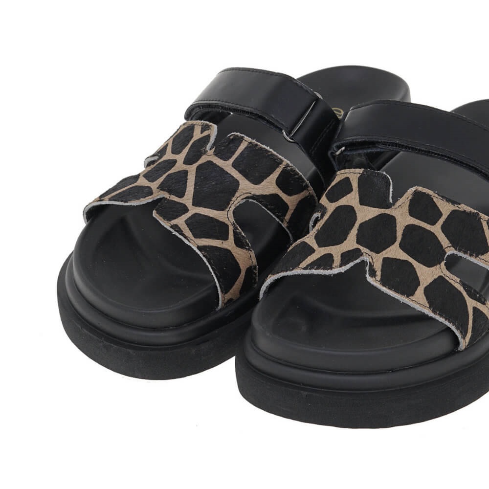 Γυναικείο Flatform δερμάτινο σανδάλι μαύρο/Giraffe EXE U403R34021L7 Collection SS2025