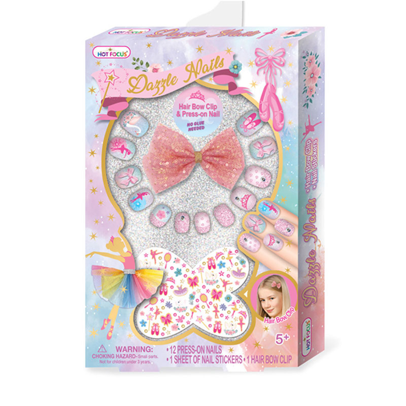 Hot Focus Dazzle Nails with Hair Bow Clip Σετ Νυχιών με Φιόγκο για τα Μαλλιά HF030BB