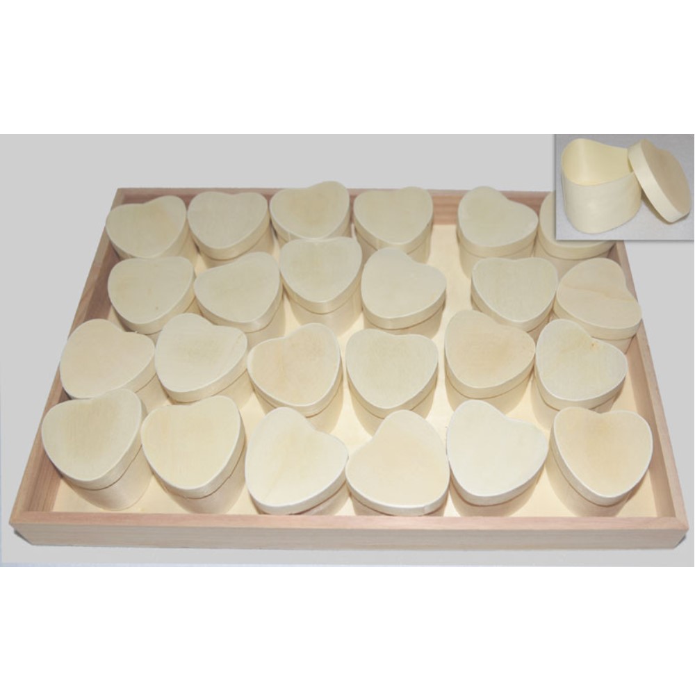 Wooden box of hearts set / 24 on a tray - 9355