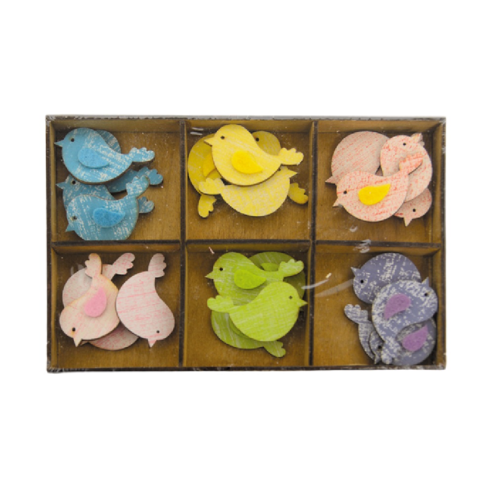 Wooden box with 24 colored birds 19x13CM
