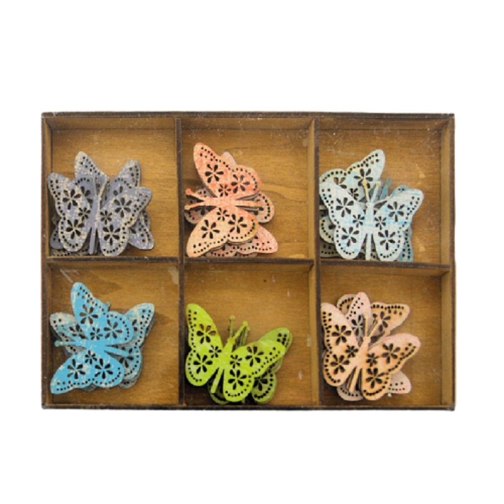 Ξύλινο κουτί με 24 πεταλούδες διαφόρων χρωμάτων 19x13CM