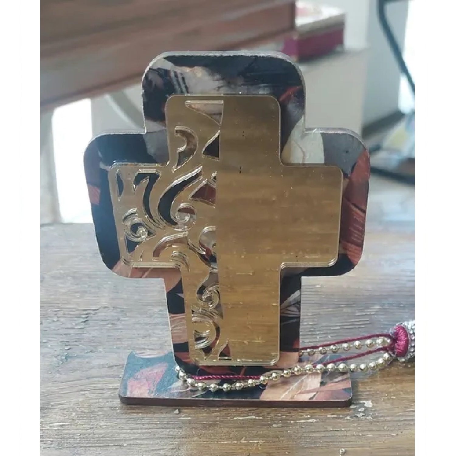 Wooden cross lucky charm with gold-colored plexiglass decoration and a base - 19800