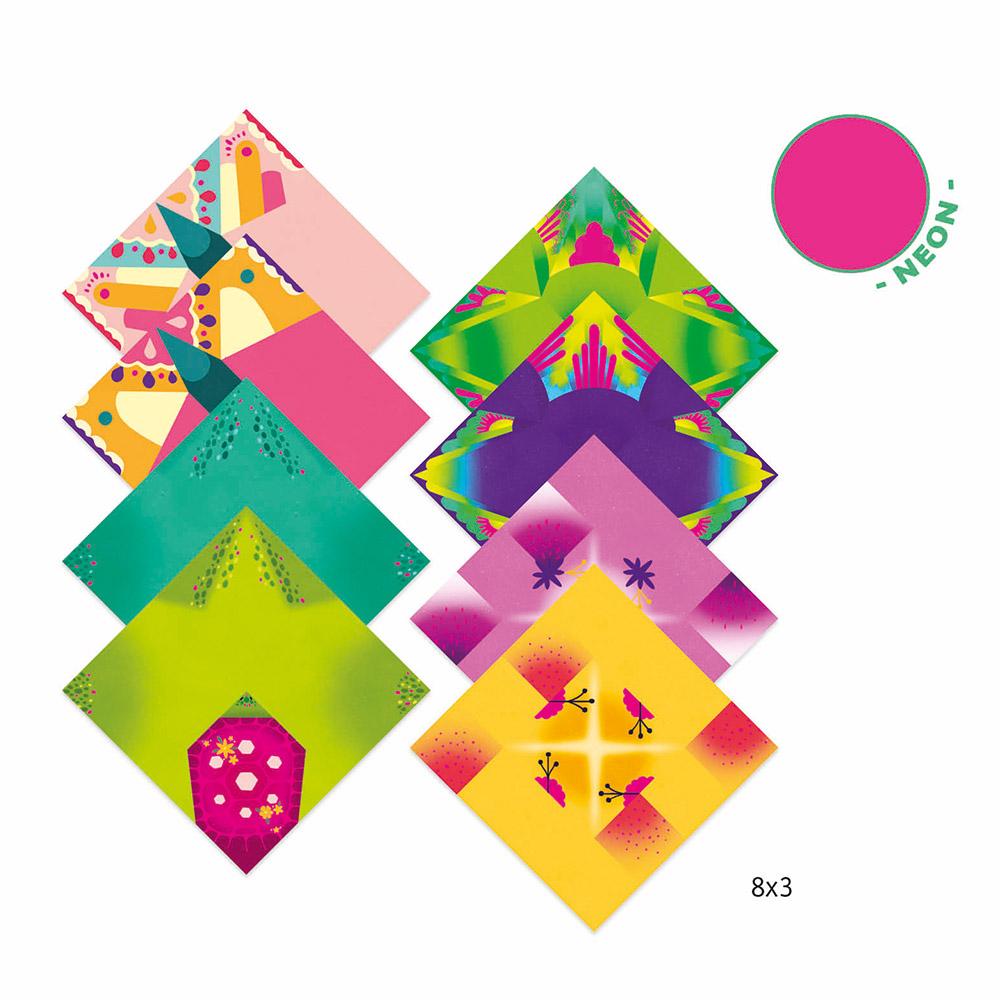 Djeco Οριγκάμι κατασκευή νέον χρώματα Τροπικά ζωάκια και λουλούδια - 2
