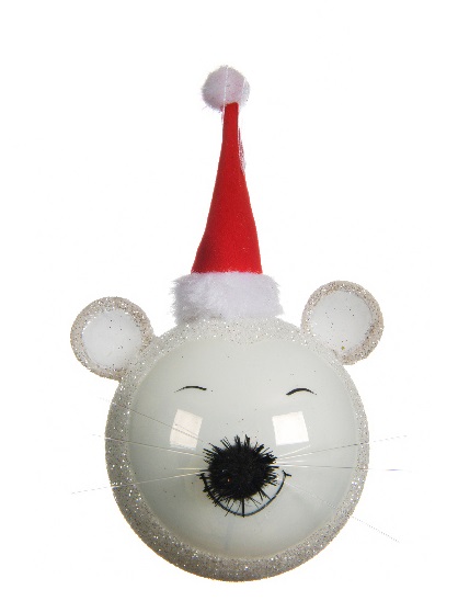 Στολίδι Γυάλινο Ποντίκι Άσπρο Με Καπέλο Φ8cm Kaemingk 062490-2