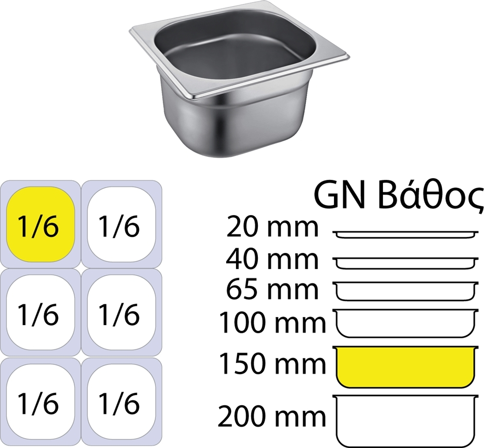 Λεκάνες inox 18/8 – GN 1/6 (17,3x16,2 cm)15 cm βάθος 0,6 mm Πάχος GTSA  15-6166