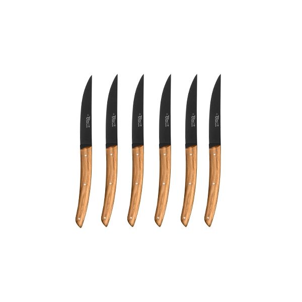 Μαχαίρια Μπριζόλας-Steak Σετ 6 Τεμαχίων Olive Wood Thiers Black Blade- Laguiole Claude Dozorme 2.90.001.89Ν  - 1