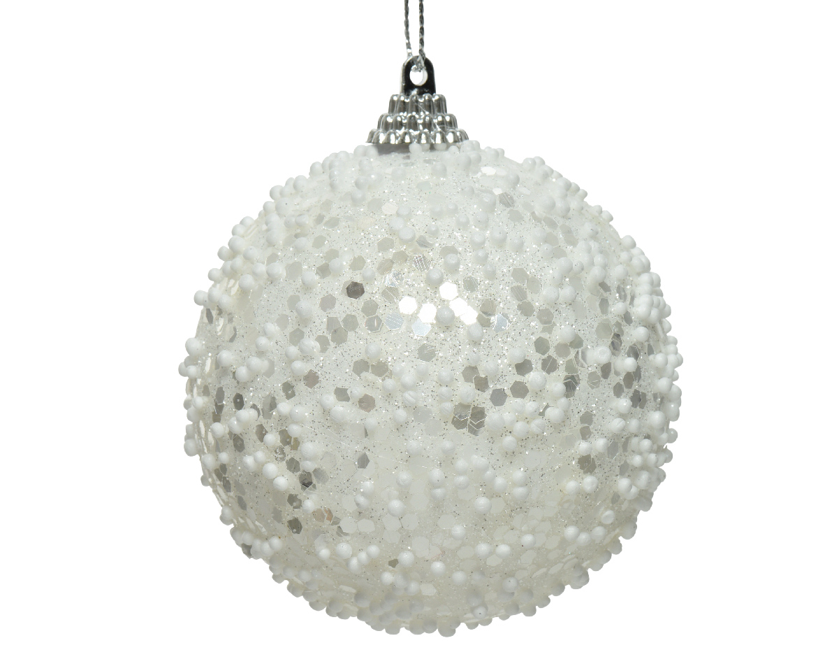 Στολίδι Μπάλα Αφρώδες Άσπρη Με πούλια & Glitter Φ8cm Kaemingk 456054