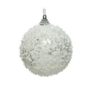 Στολίδι Μπάλα Αφρώδες Άσπρη Με πούλια & Glitter Φ8cm Kaemingk 456054 - 22719