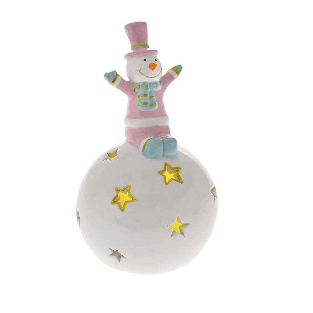 Διακοσμητική Μπάλα Με Λαμπάκι Κεραμική Λευκό-Ρόζ "Snowman" 8x13cm AI Decoration 78918-2 - 0