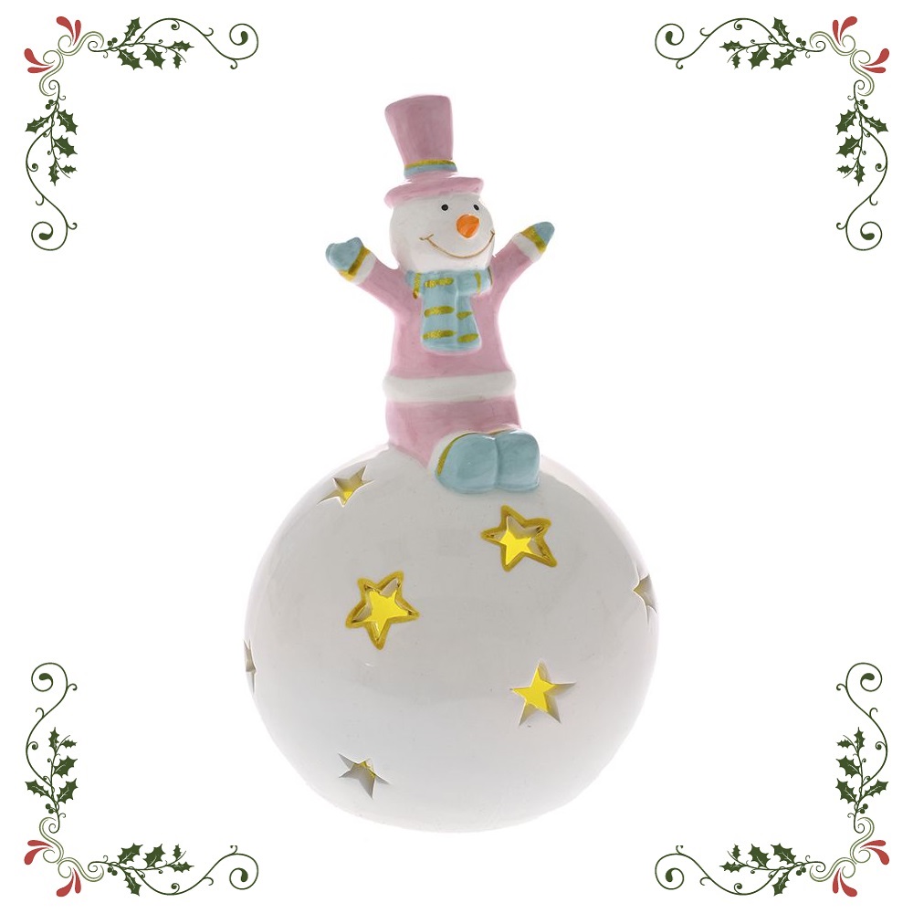 Διακοσμητική Μπάλα Με Λαμπάκι Κεραμική Λευκό-Ρόζ "Snowman" 8x13cm AI Decoration 78918-2 - 1