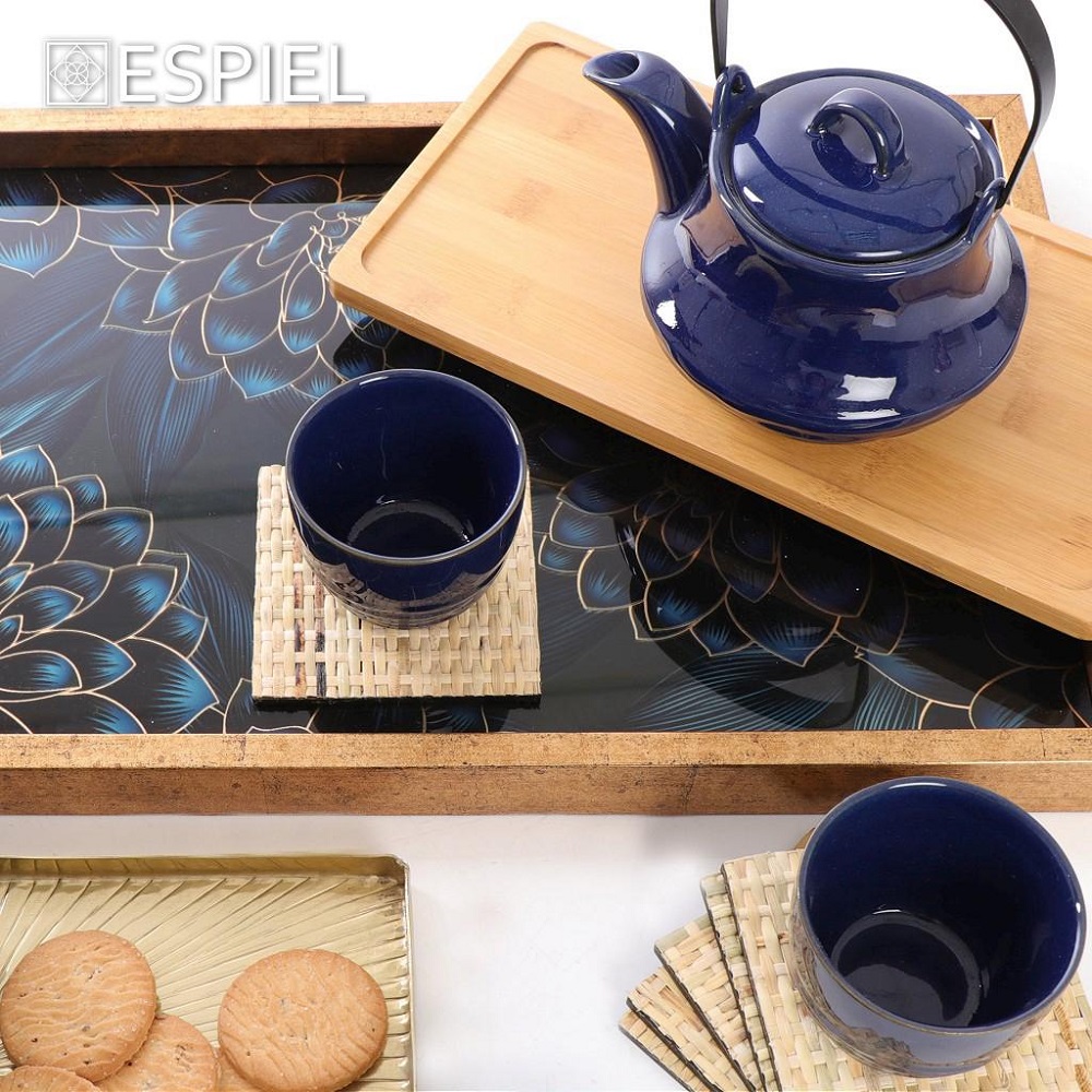 Τσαγιέρα 600ml Με 4 Ποτήρια 200ml Stoneware Μπλέ & Δίσκο Bamboo Ritual Espiel SPI113 - 2