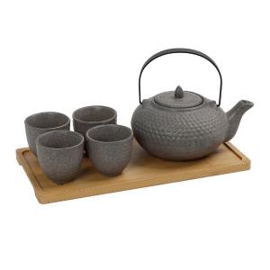 Τσαγιέρα 750ml Με 4 Ποτήρια 100ml Stoneware Γκρί & Δίσκο Bamboo Ritual Espiel SPI118 - 51350