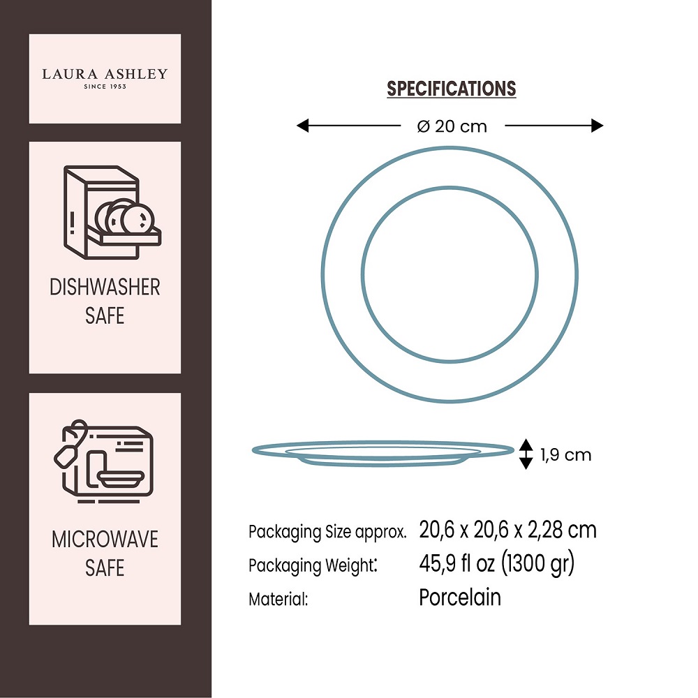 Πιάτα Ρηχά Στρογγυλά Πορσελάνης Φ20cm Μπλε – Λευκό Σετ 4 τμχ Σε Συσκευασία Δώρου Βlueprint Laura Ashley LA182694 - 4