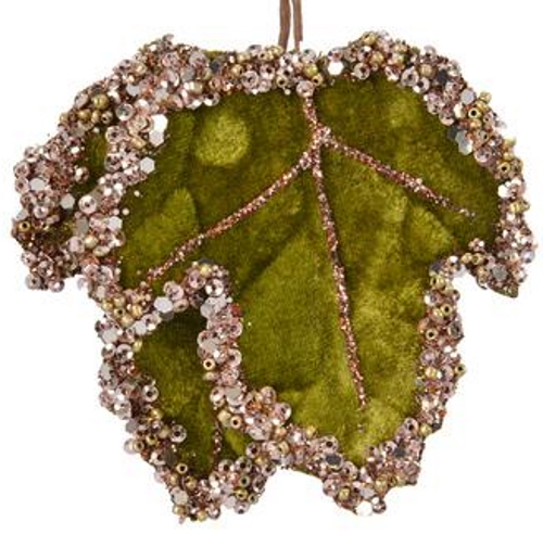 Βελουτέ πράσινο χριστουγεννιάτικο διακοσμητικό φύλλο με κρυστάλλινες λεπτομέρειες, 8,00Χ7,00cm - KAEMINGK, 610997