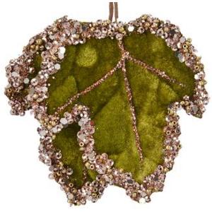 Βελουτέ πράσινο χριστουγεννιάτικο διακοσμητικό φύλλο με κρυστάλλινες λεπτομέρειες, 8,00Χ7,00cm - KAEMINGK, 610997 - 13367