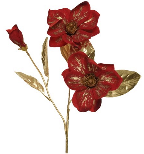 Χριστουγεννιάτικο λουλούδι, κόκκινη μανόλια από πολυεστέρα, σε χρυσό κλαδί, 20Χ10Χ70cm - KAEMINGK, 220700