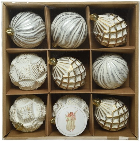 Σετ χριστουγεννιάτικα πλαστικά στολίδια αντικέ με χρυσό φινίρισμα, λευκό, 9 τμχ., διάμ. 8cm - KAEMINGK, 029266 -