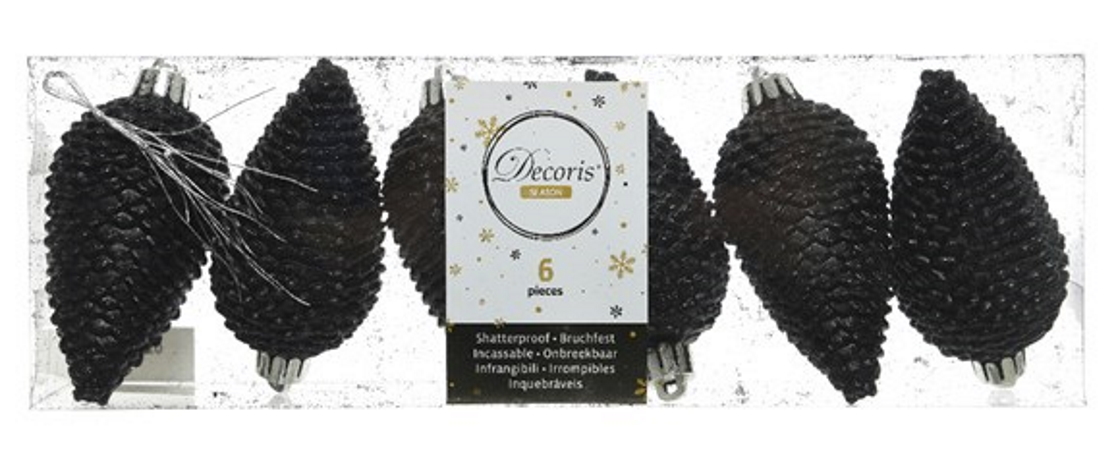 Σετ χριστουγεννιάτικο στολίδι κουκουνάρι, πλαστικό, 6 τμχ., μαύρο glitter, διάμ. 4,5Χ8cm - KAEMINGK, 028633