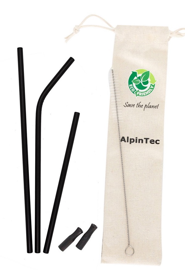 Σετ ανοξείδωτα οικολογικά καλαμάκια Alpintec με ακροφύσια, 3 τμχ., μαύρο, 6mm, S-04-1, ALPINPRO