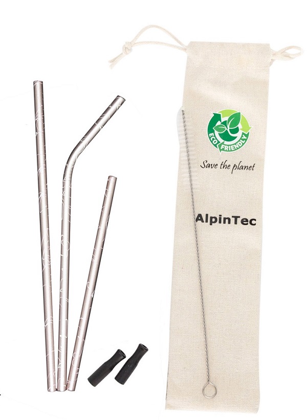 Σετ ανοξείδωτα οικολογικά καλαμάκια Alpintec με ακροφύσια, 3 τμχ., ροζ, 6mm, S-04-2, ALPINPRO