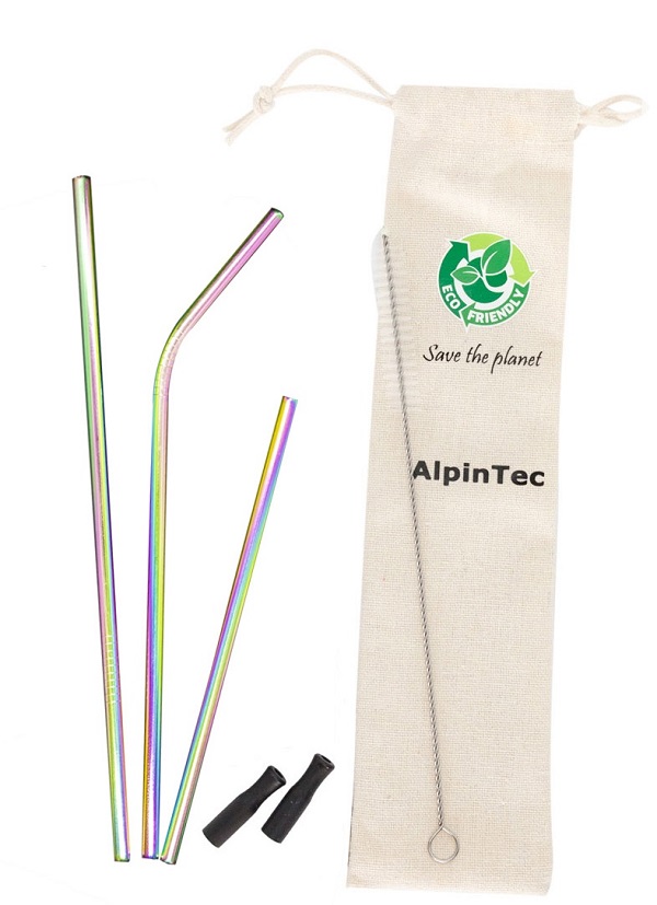 Σετ ανοξείδωτα οικολογικά καλαμάκια Alpintec με ακροφύσια, 3 τμχ., Rainbow, 6mm, S-04-3, ALPINPRO