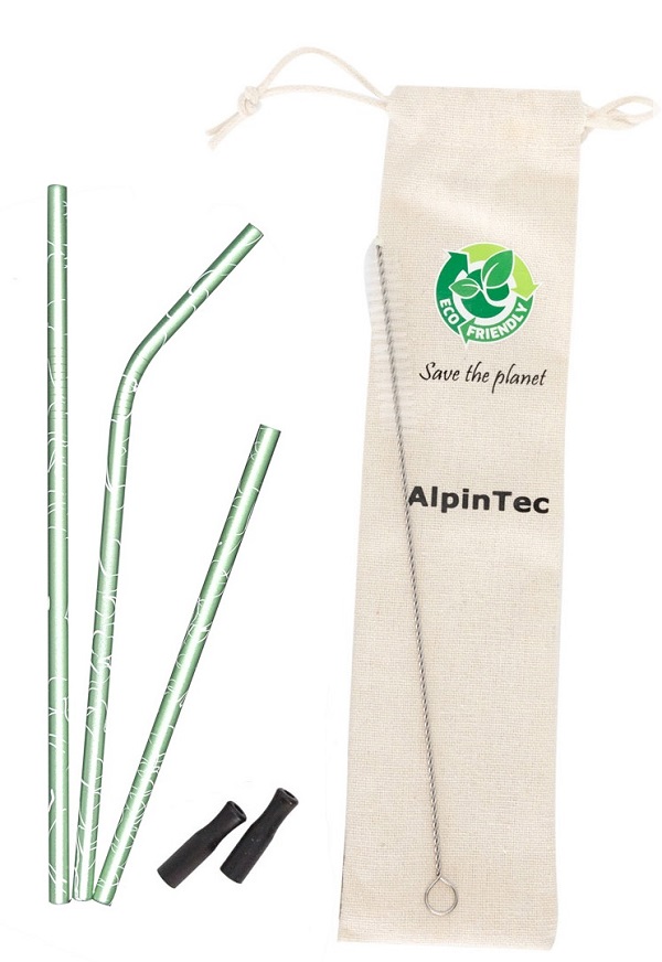 Σετ ανοξείδωτα οικολογικά καλαμάκια Alpintec με ακροφύσια, 3 τμχ., πράσινο, 6mm, S-04-4, ALPINPRO