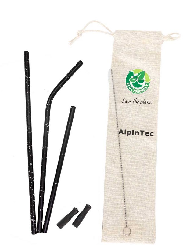 Σετ ανοξείδωτα οικολογικά καλαμάκια Alpintec με ακροφύσια, 3 τμχ., μαύρο, 6mm, S-04-5, ALPINPRO