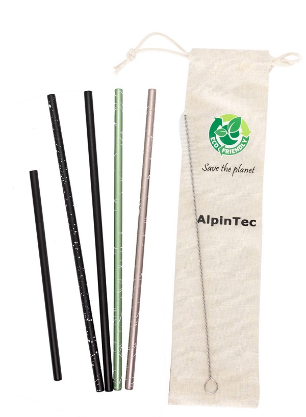 Σετ ανοξείδωτα οικολογικά καλαμάκια Alpintec με ακροφύσια, 3+1 Freddo straight τμχ., μαύρο/πράσινο/ασημί, 6mm, S-05, ALPINPRO