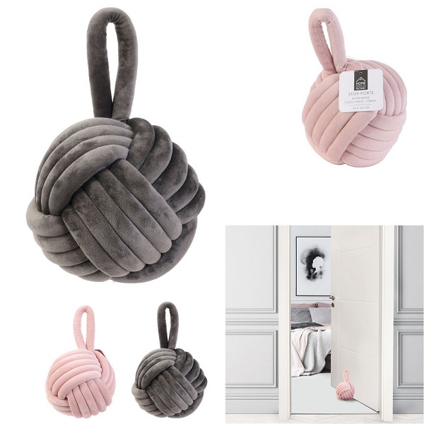 Βελούδινη πλεκτή μπάλα stoper πόρτας, ροζ/γκρι, 14Χ14Χ22cm - ZENTRADA