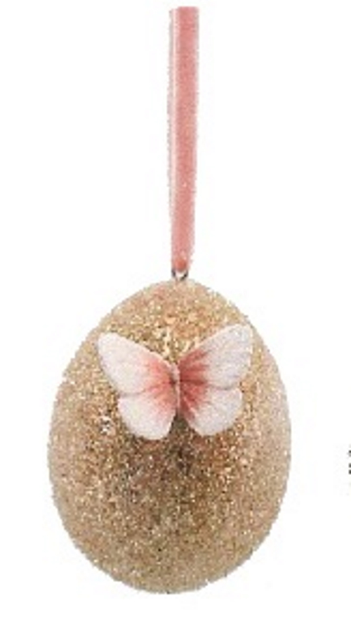 Πασχαλινό διακοσμητικό κεραμικό αβγό, καφέ glitter, ροζ πεταλούδα, 8.5cm, GOOD WILL