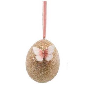 Πασχαλινό διακοσμητικό κεραμικό αβγό, καφέ glitter, ροζ πεταλούδα, 8.5cm, GOOD WILL - 20014