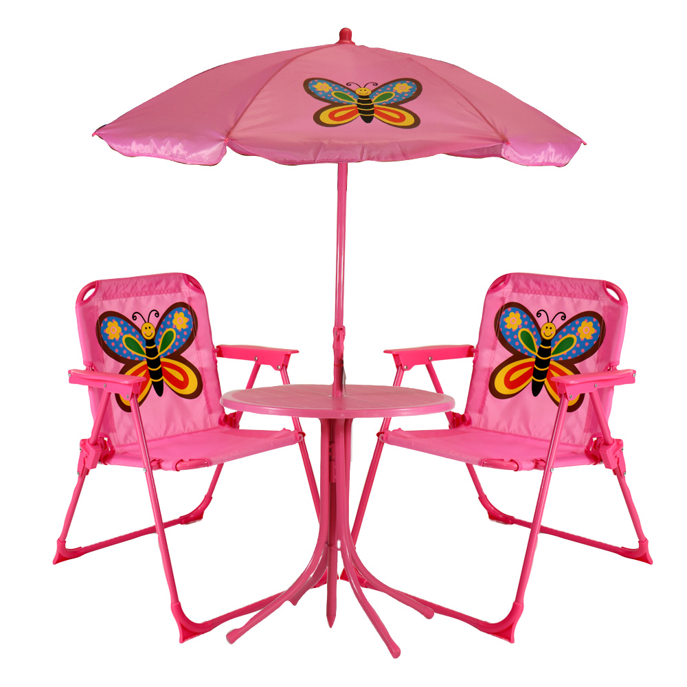 Σετ τραπεζάκι, ομπρέλα, καρεκλάκια, παιδικό, για κήπο ή παραλία, φούξια - πεταλούδα, από πλαστικό και μέταλλο - SC-008