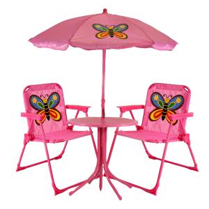 Σετ τραπεζάκι, ομπρέλα, καρεκλάκια, παιδικό, για κήπο ή παραλία, φούξια - πεταλούδα, από πλαστικό και μέταλλο - SC-008 - 18268