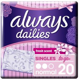 Always Dailies Singles to Go Σερβιετάκια Normal Fresh Scent, 20τμχ. 