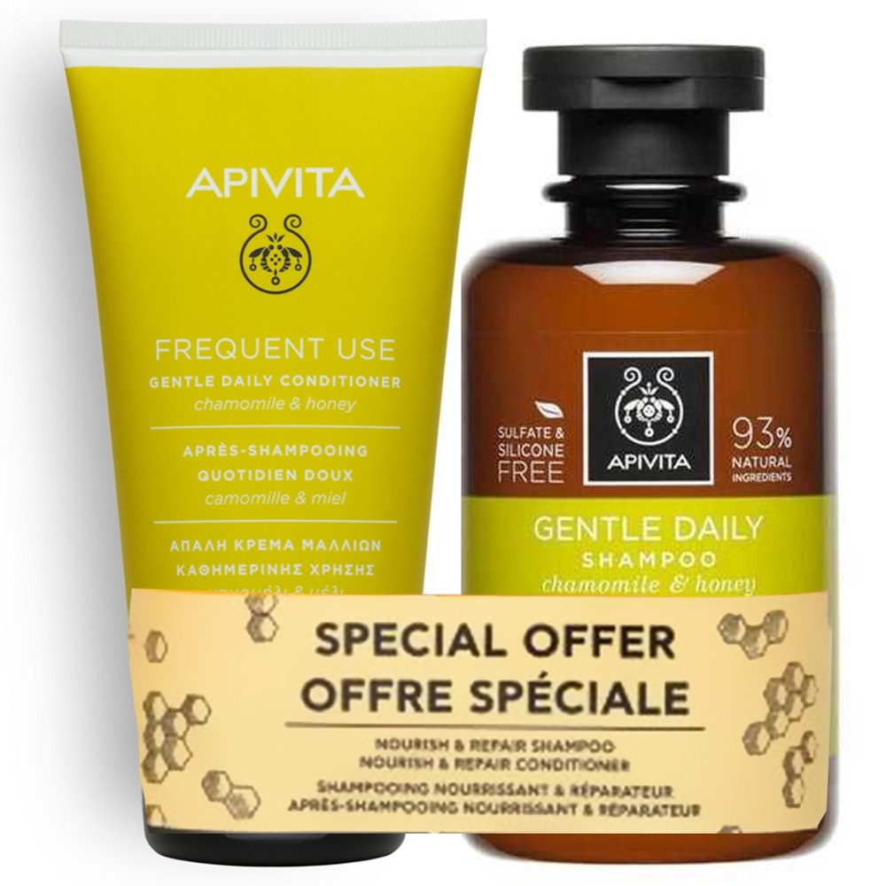 Apivita Promo Frequent Use Απαλό Σαμπουάν Καθημερινής Χρήσης με Χαμομήλι & Μέλι, 250ml & Απαλή Κρέμα Μαλλιών, 150ml.