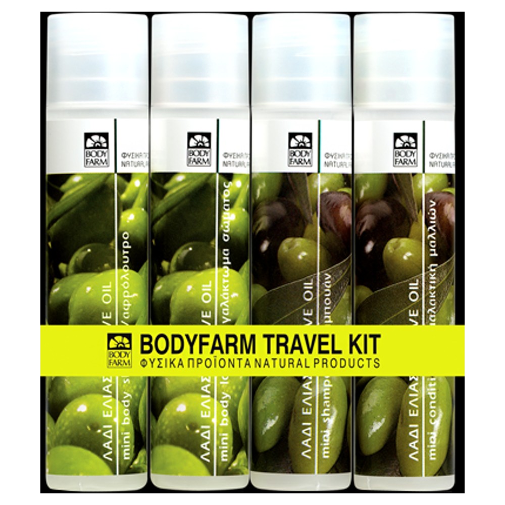 Body Farm Travel Kit Λάδι Ελιάς, Αφρόλουτρο, Γαλάκτωμα Σώματος, Σαμπουάν, Κρέμα Μαλλιών 50ml.
