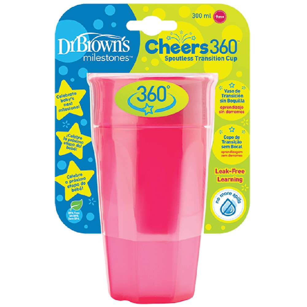 Dr.Brown's Κύπελλο Cheers 360° χωρίς Λαβές 9m+ Ροζ, 300ml