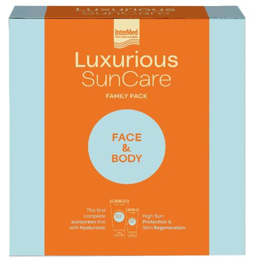 Luxurious Sun Care Family Packs Face & Body Πρακτική συσκευασία αντηλιακής κρέμας προσώπου 50spf 75ml και σώματος 30spf 200ml. 