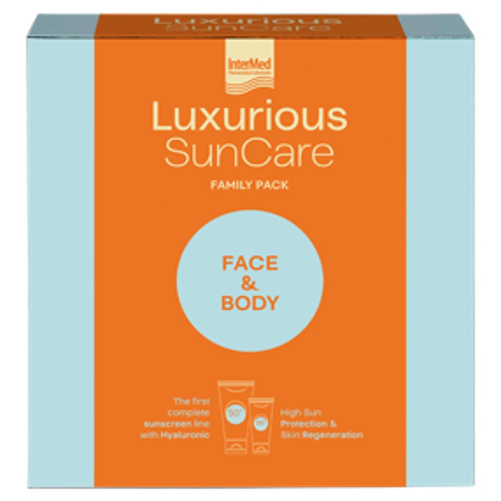 Luxurious Sun Care Family Packs Face & Body Πρακτική συσκευασία αντηλιακής κρέμας προσώπου 50spf 75ml και σώματος 50spf 200ml. 