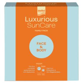 Luxurious Sun Care Family Packs Face & Body Πρακτική συσκευασία αντηλιακής κρέμας προσώπου 50spf 75ml και σώματος 50spf 200ml. 