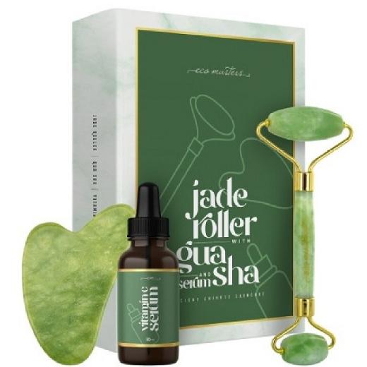 Jade Roller Νεφρίτη & Gua Sha Εργαλείο Γλυπτικής Προσώπου Eco Masters & Serum Βιταμίνης C