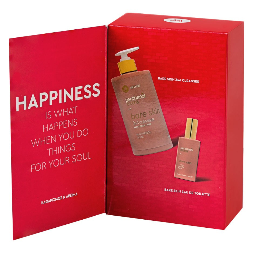 Medisei Panthenol Extra Promo Happiness Bare Skin 3in1 Cleanser Αφρόλουτρο & Σαμπουάν, 500ml & Bare Skin Eau de Toilette Άρωμα, 50ml.