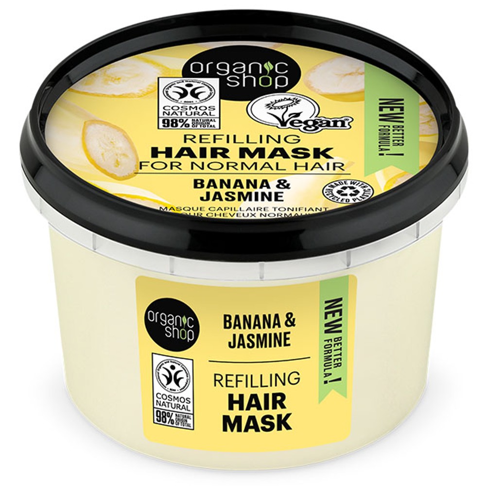 Organic shop Banana & Jasmine Hair Mask, Μάσκα μαλλιών αναπλήρωσης, Βιολογικό Γιασεμί & Μπανάνα, 250ml. 
