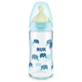 Nuk First Choice+ Γυάλινο Μπιμπερό με Θηλή Σιλικόνης Μεσαίας Οπής, 0-6 μηνών, Γαλάζιοι Ελέφαντες, 240ml.